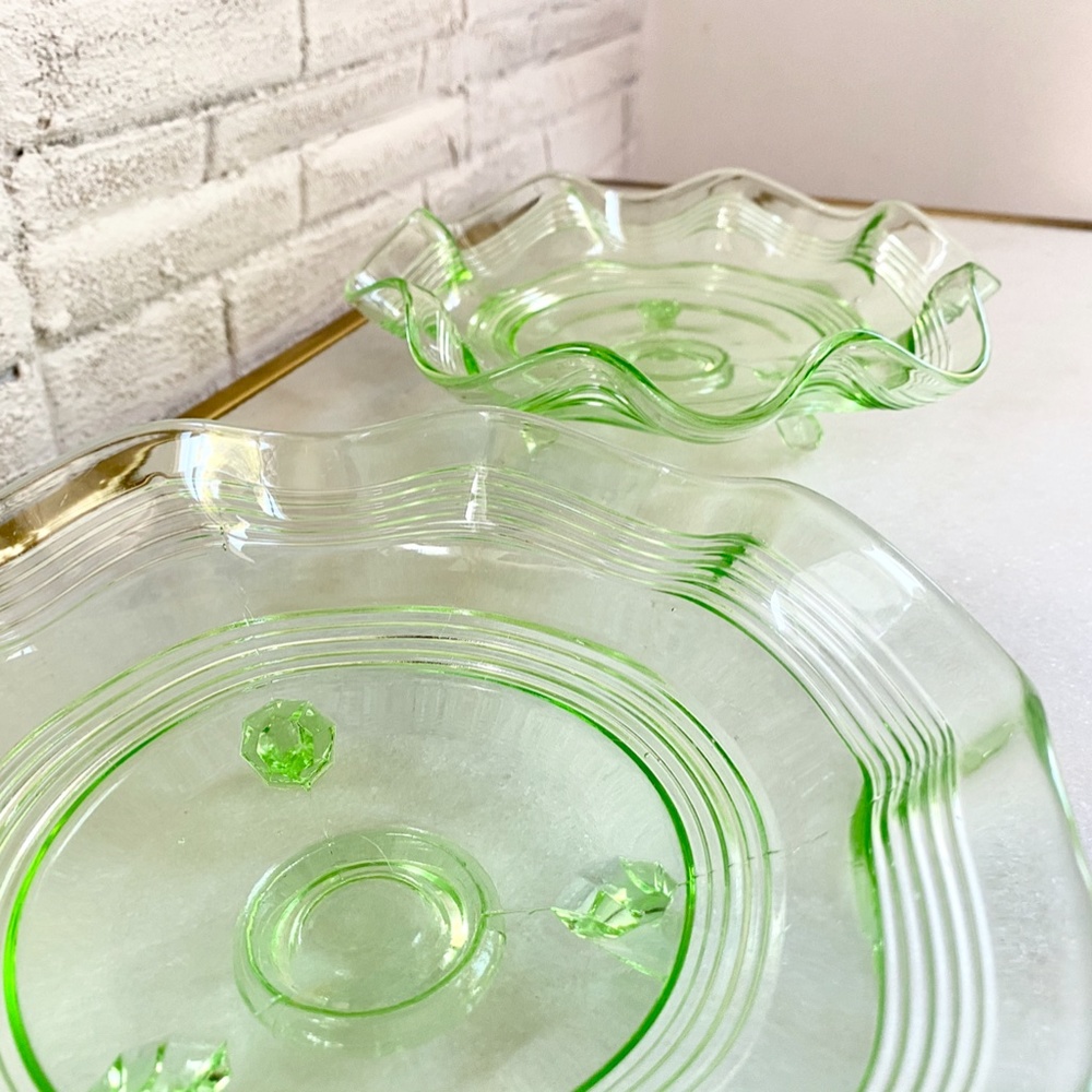 Pair Footed Vintage Vaseline Glass Bowls Scalloped